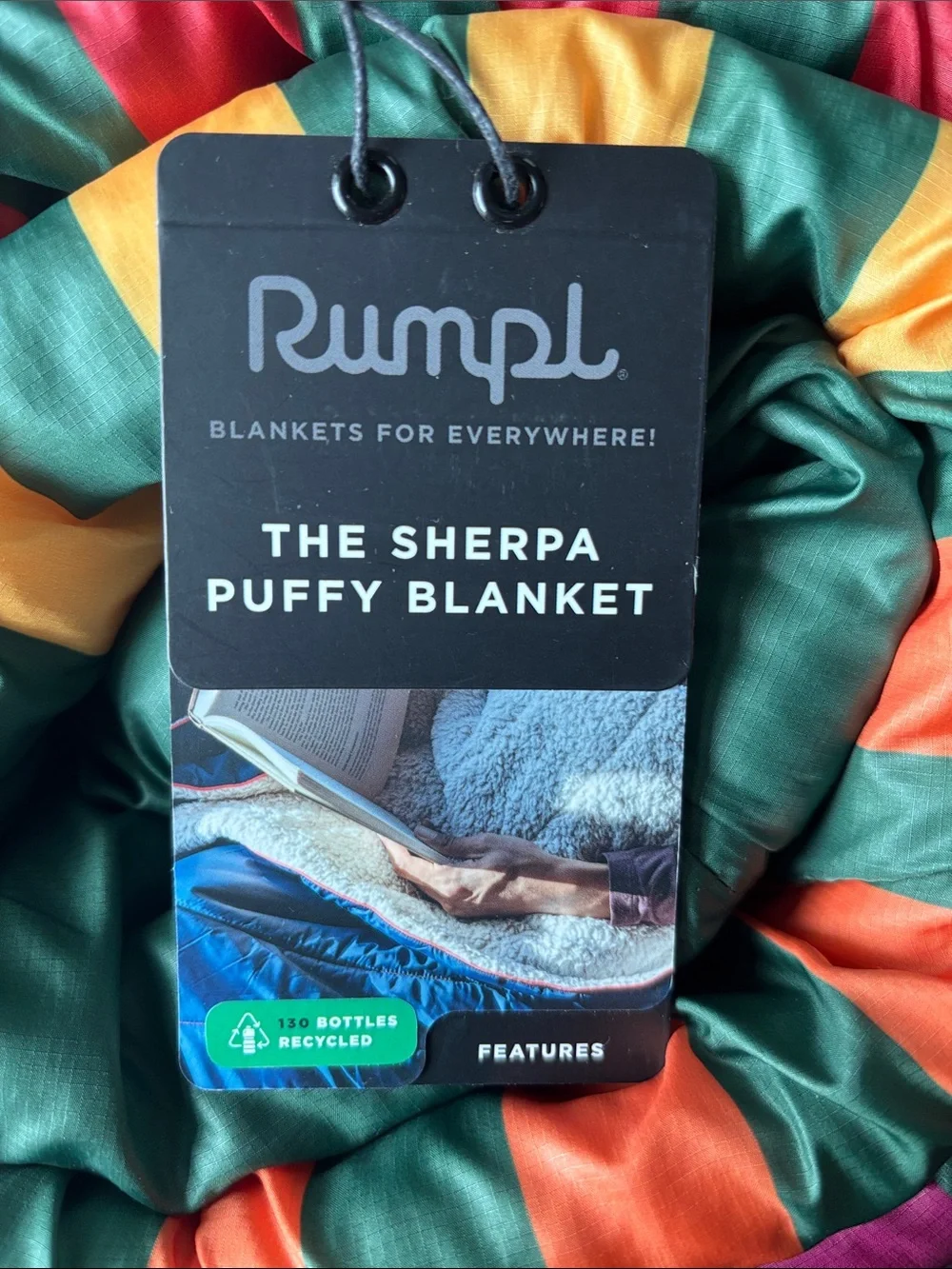 Rumpl 2 Person Sherpa Puffy Blanket — Forest Green with Sunset Stripes